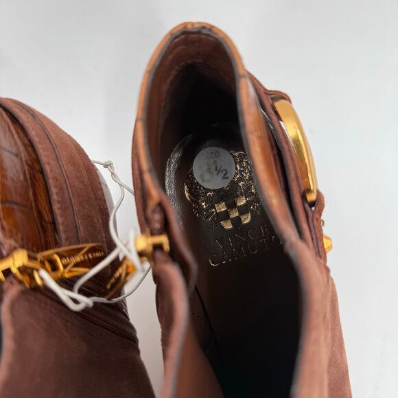 VINCE CAMUTO Selmente Boots SZ 8.5 NWOT Brown Suede Gold Heel Bootie Zipper Croc - Picture 7 of 15